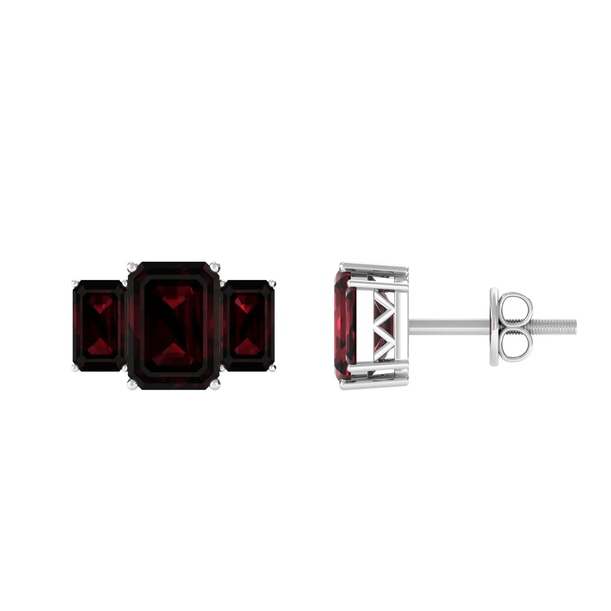 4 CT Octagon Cut Garnet Three Stone Stud Earrings