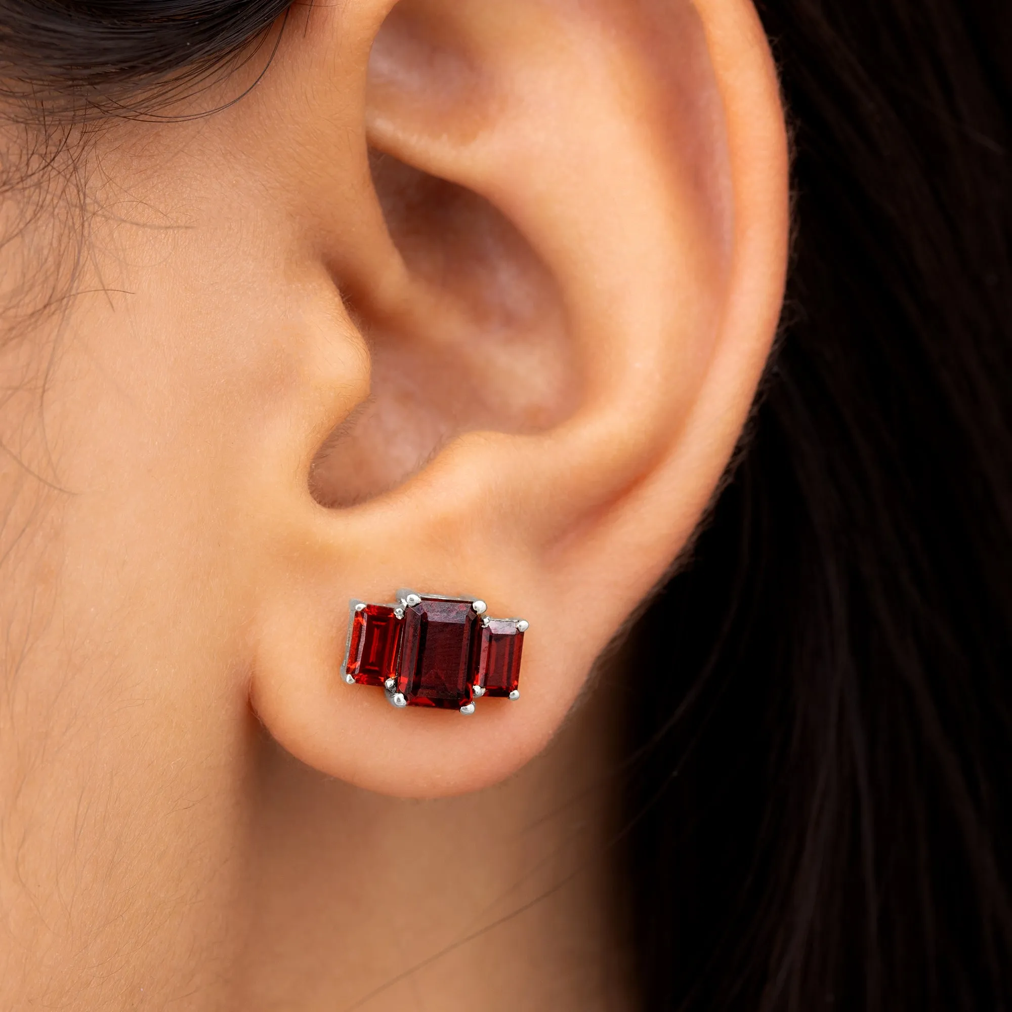 4 CT Octagon Cut Garnet Three Stone Stud Earrings