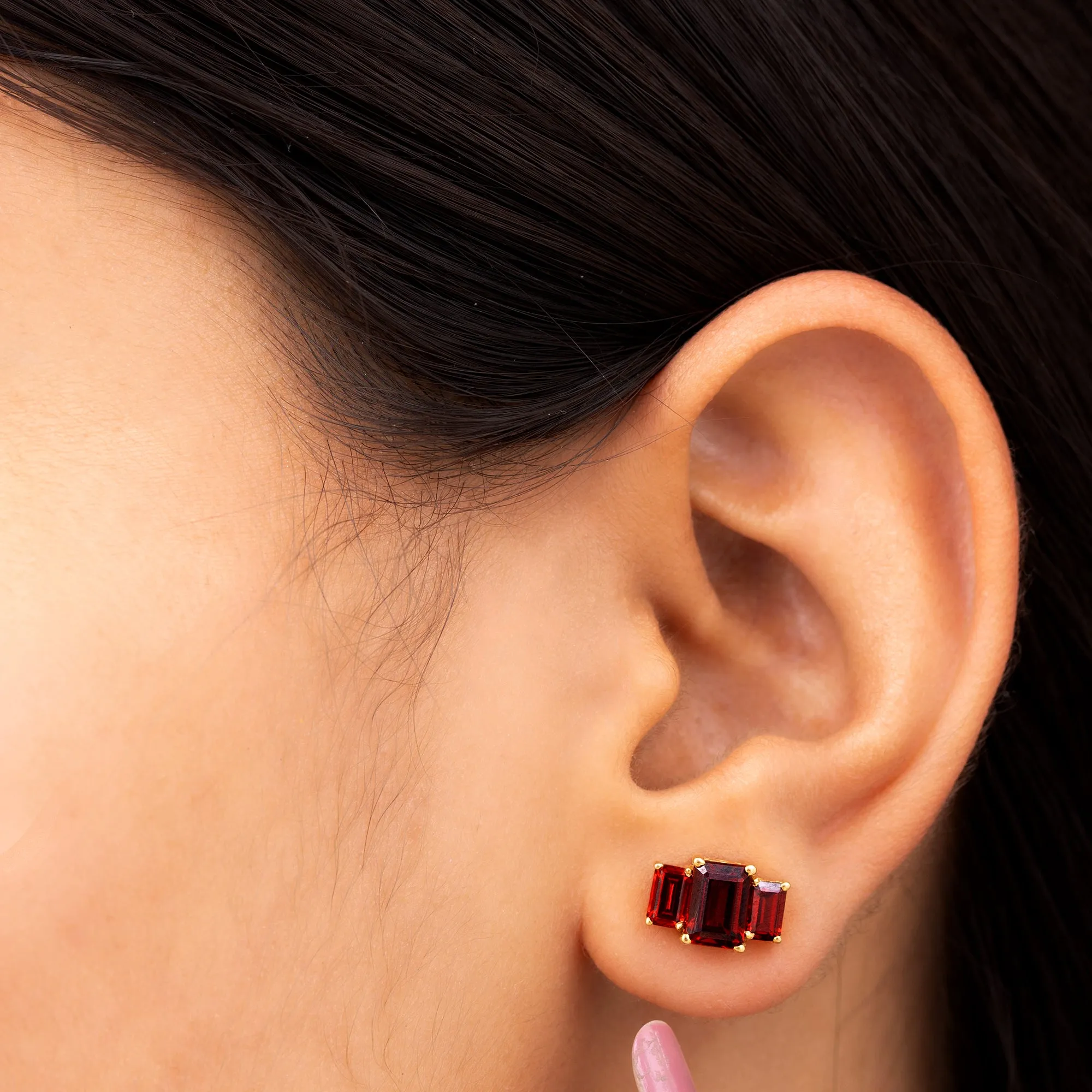 4 CT Octagon Cut Garnet Three Stone Stud Earrings