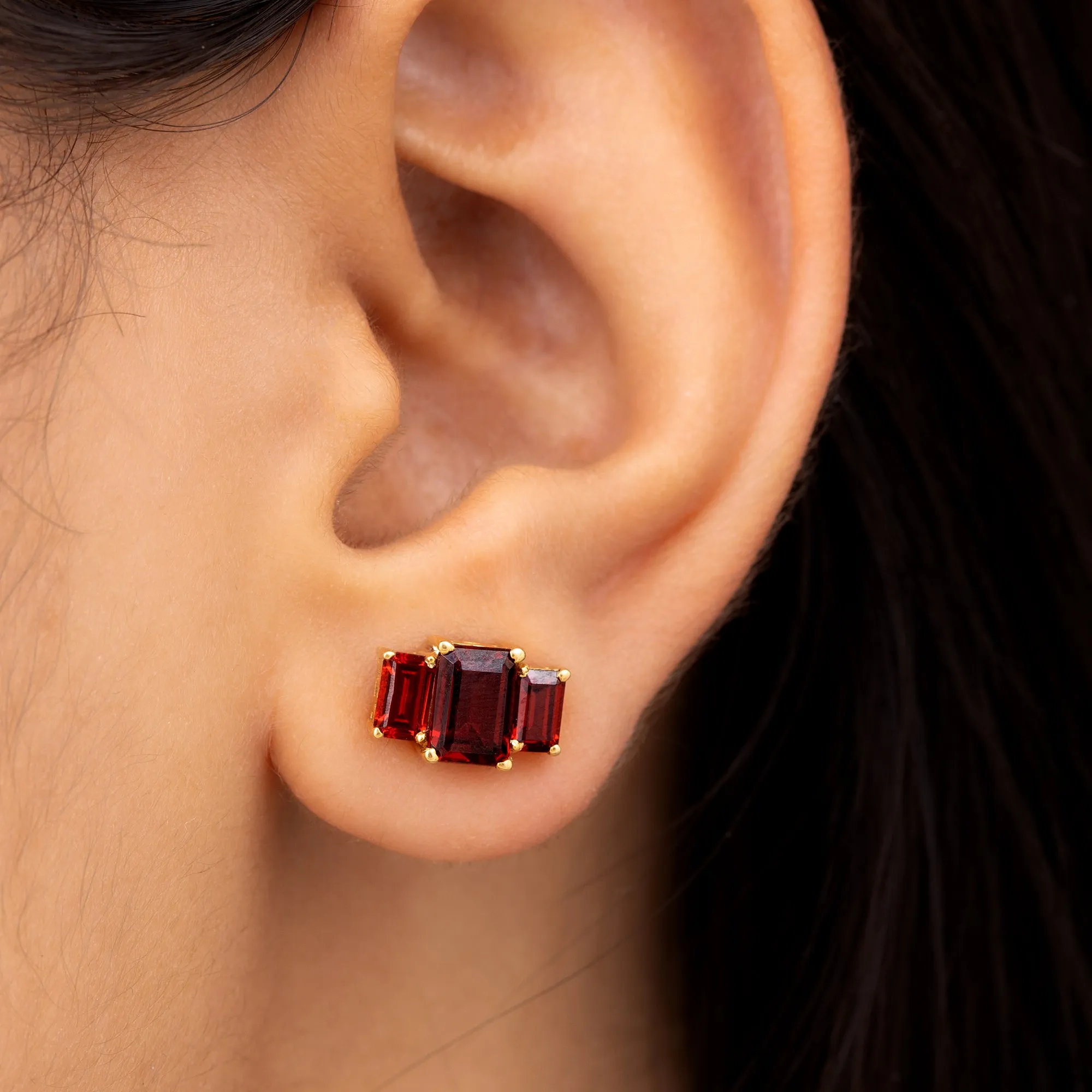 4 CT Octagon Cut Garnet Three Stone Stud Earrings
