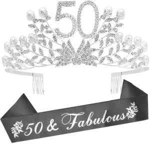 50th Birthday Gifts for Women, 50th Birthday Tiara and Sash, 50 Fabulous Sash and Crystal