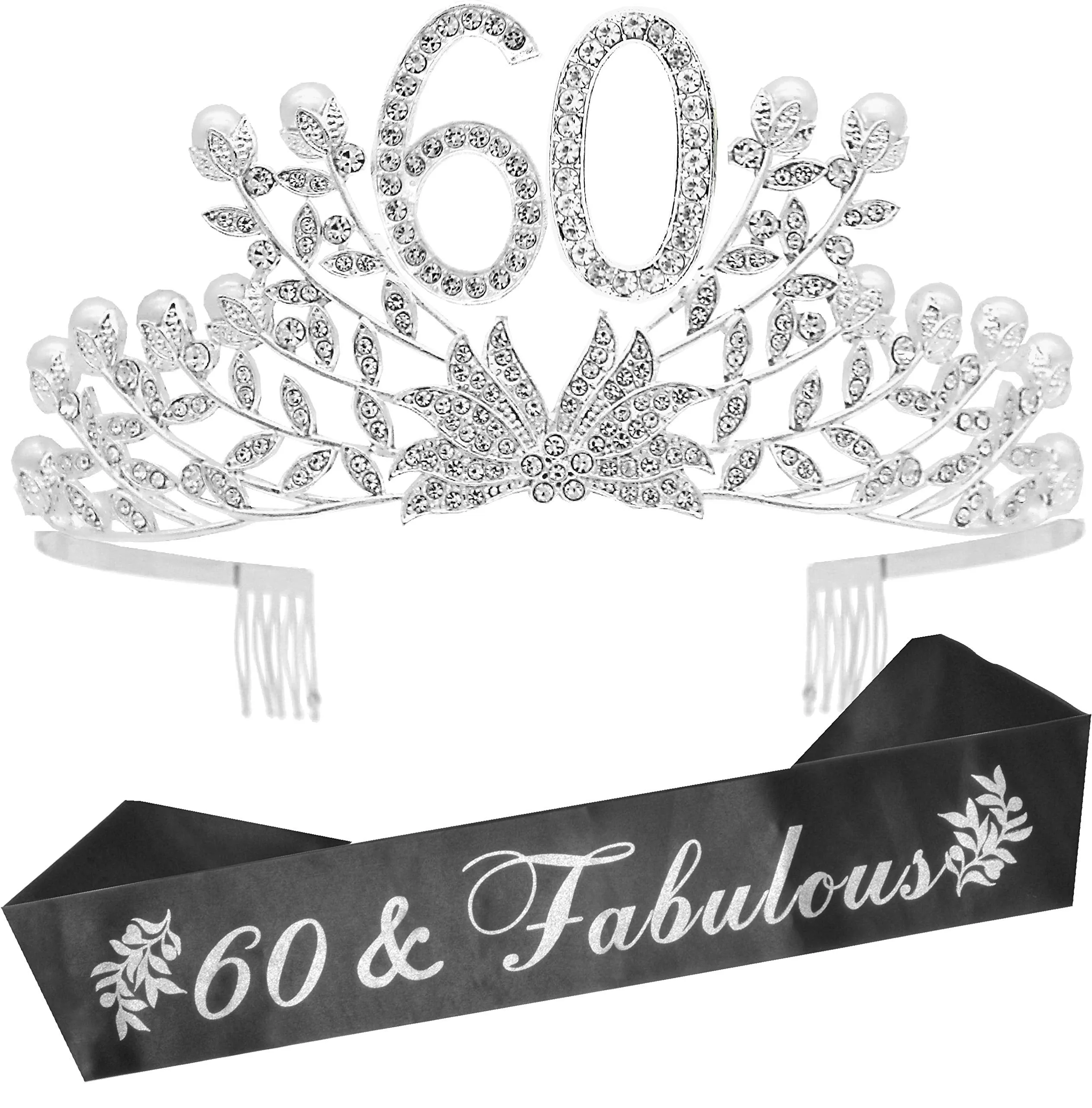 60th Birthday Gifts for Women, 60th Birthday Tiara and Sash, 60 Fabulous Sash and Crystal