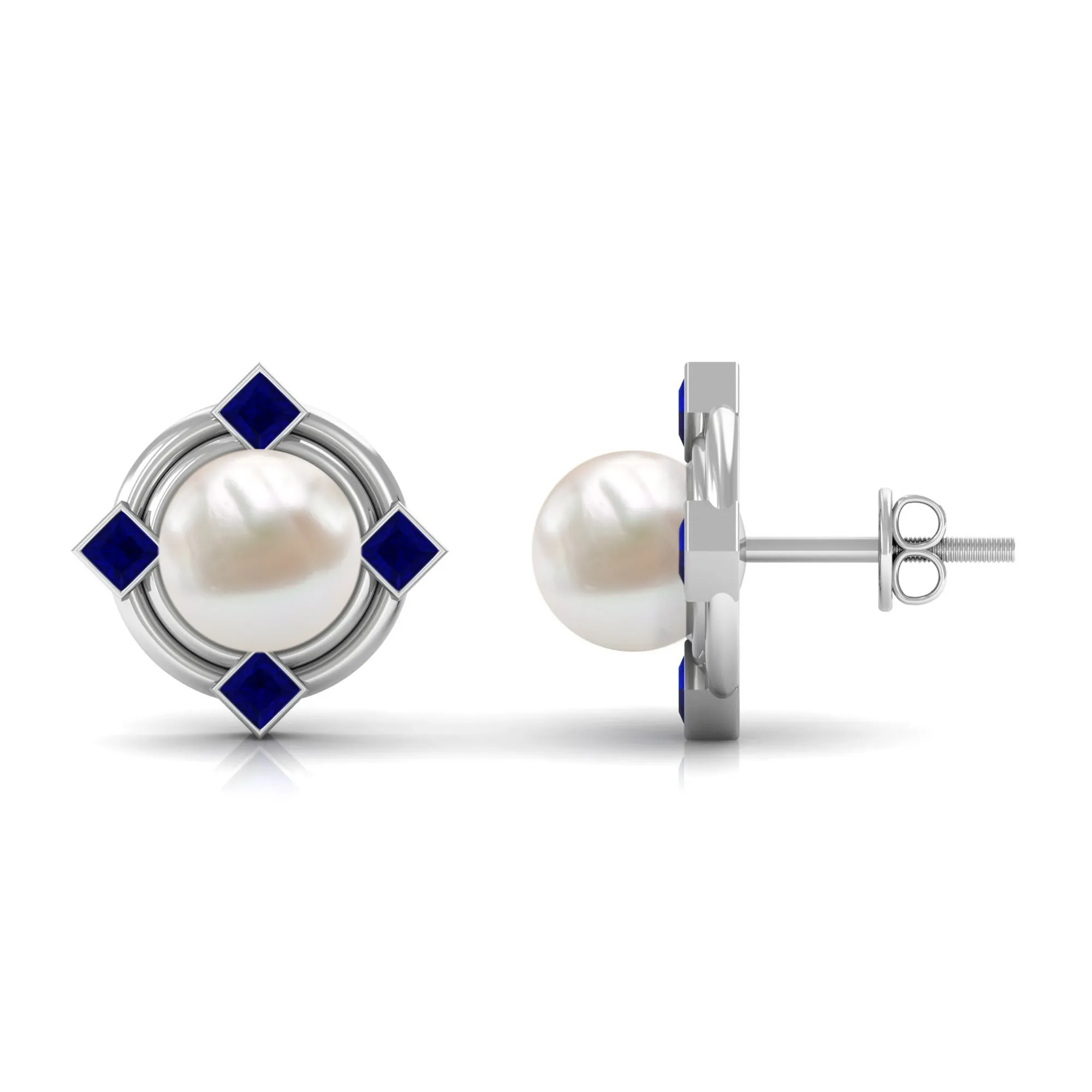 6.50 CT Modern Stud Earrings with Freshwater Pearl and Blue Sapphire