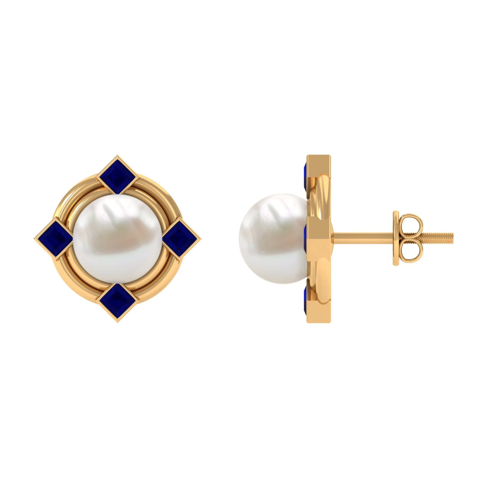 6.50 CT Modern Stud Earrings with Freshwater Pearl and Blue Sapphire