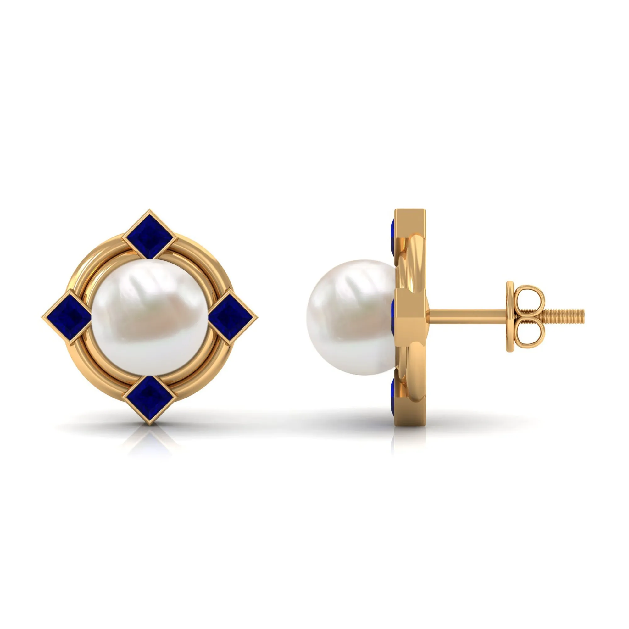 6.50 CT Modern Stud Earrings with Freshwater Pearl and Blue Sapphire