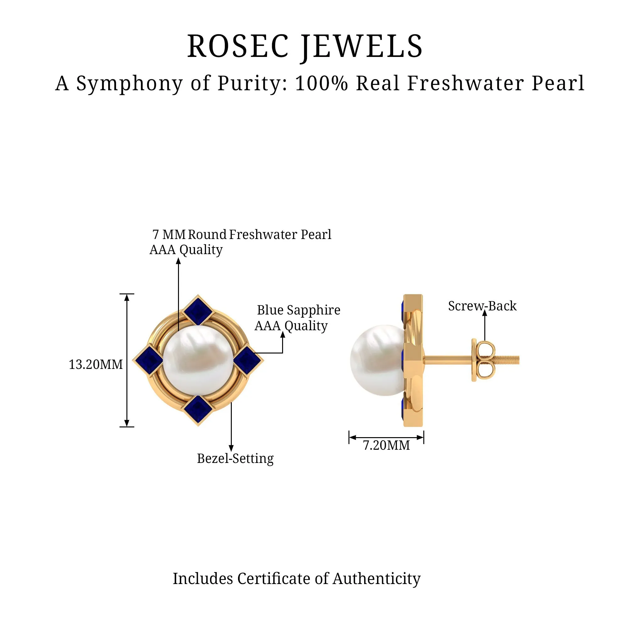 6.50 CT Modern Stud Earrings with Freshwater Pearl and Blue Sapphire