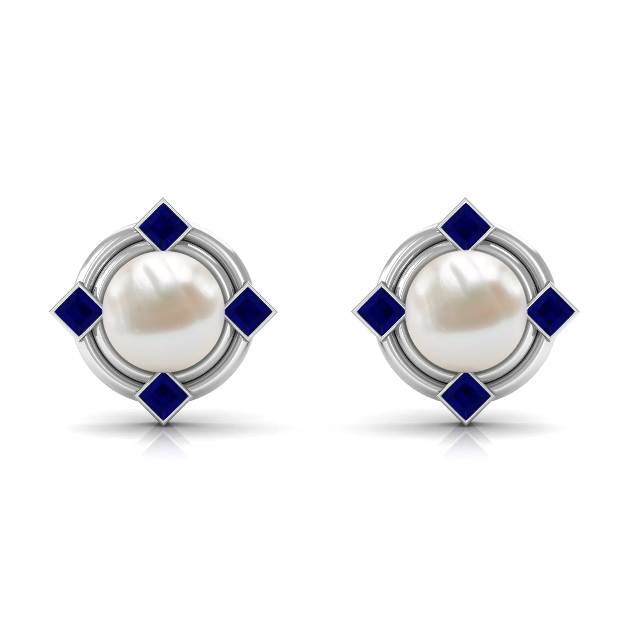6.50 CT Modern Stud Earrings with Freshwater Pearl and Blue Sapphire