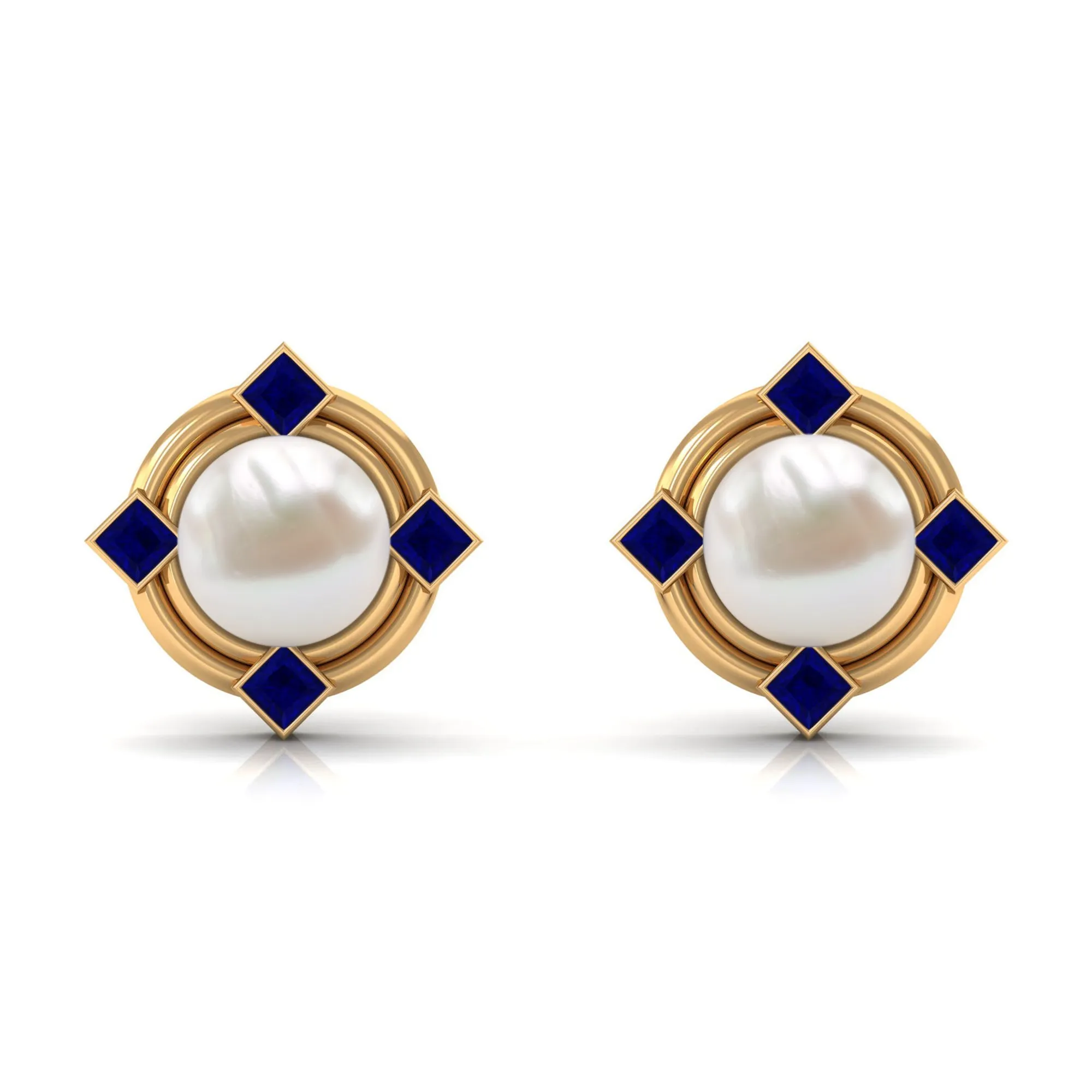 6.50 CT Modern Stud Earrings with Freshwater Pearl and Blue Sapphire