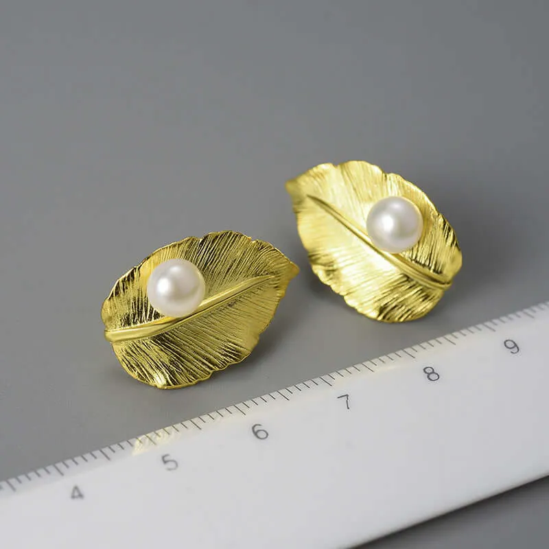 925 Silver Wide Leaf with Pearl Stud Earrings