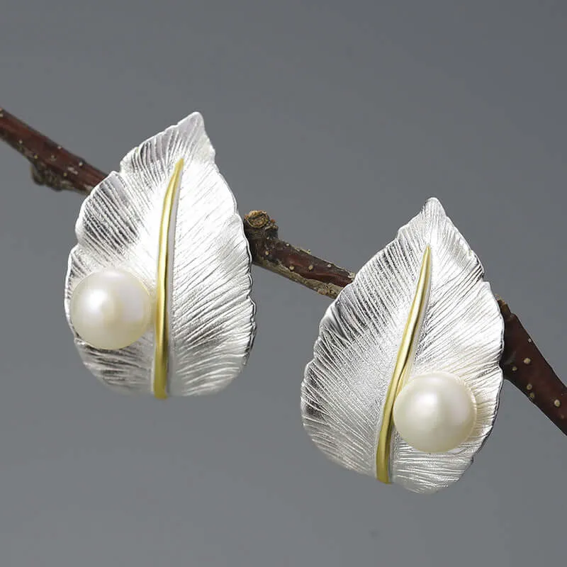 925 Silver Wide Leaf with Pearl Stud Earrings