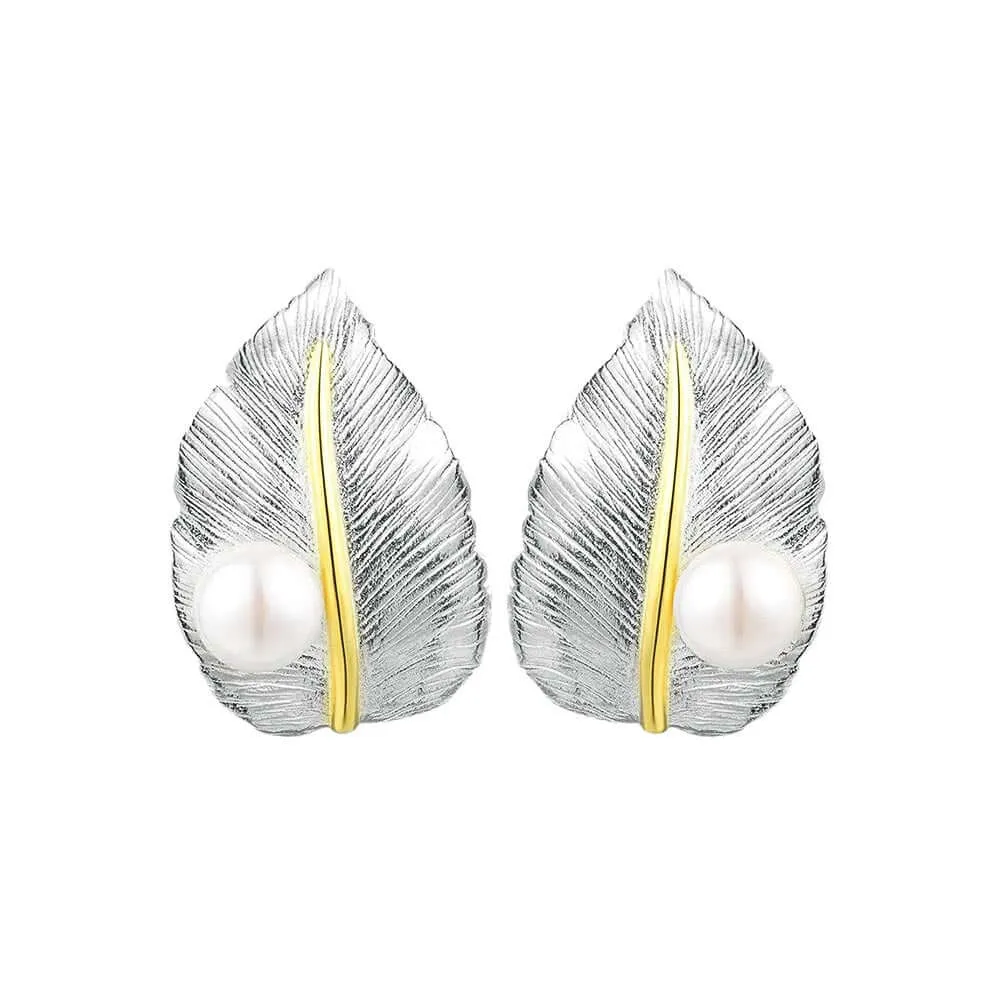 925 Silver Wide Leaf with Pearl Stud Earrings
