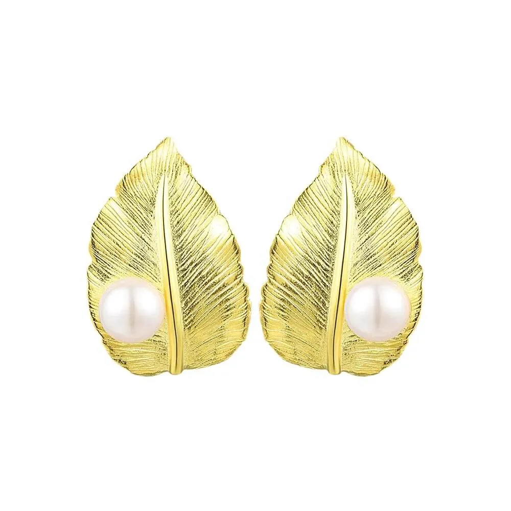 925 Silver Wide Leaf with Pearl Stud Earrings