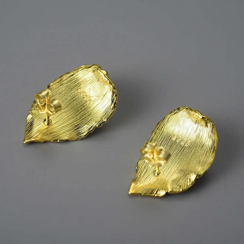 925 Silver Wide Leaf with Pearl Stud Earrings