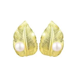 925 Silver Wide Leaf with Pearl Stud Earrings