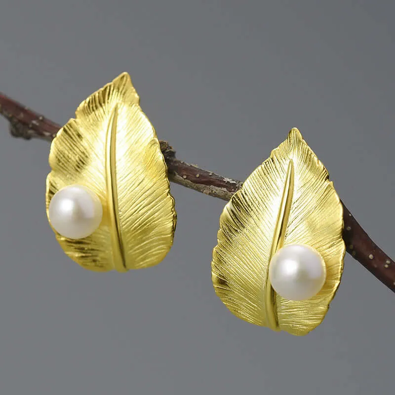 925 Silver Wide Leaf with Pearl Stud Earrings