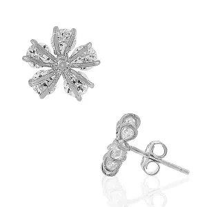 925 Sterling Silver Round CZ Womens Flower Floral Design Stud Earrings