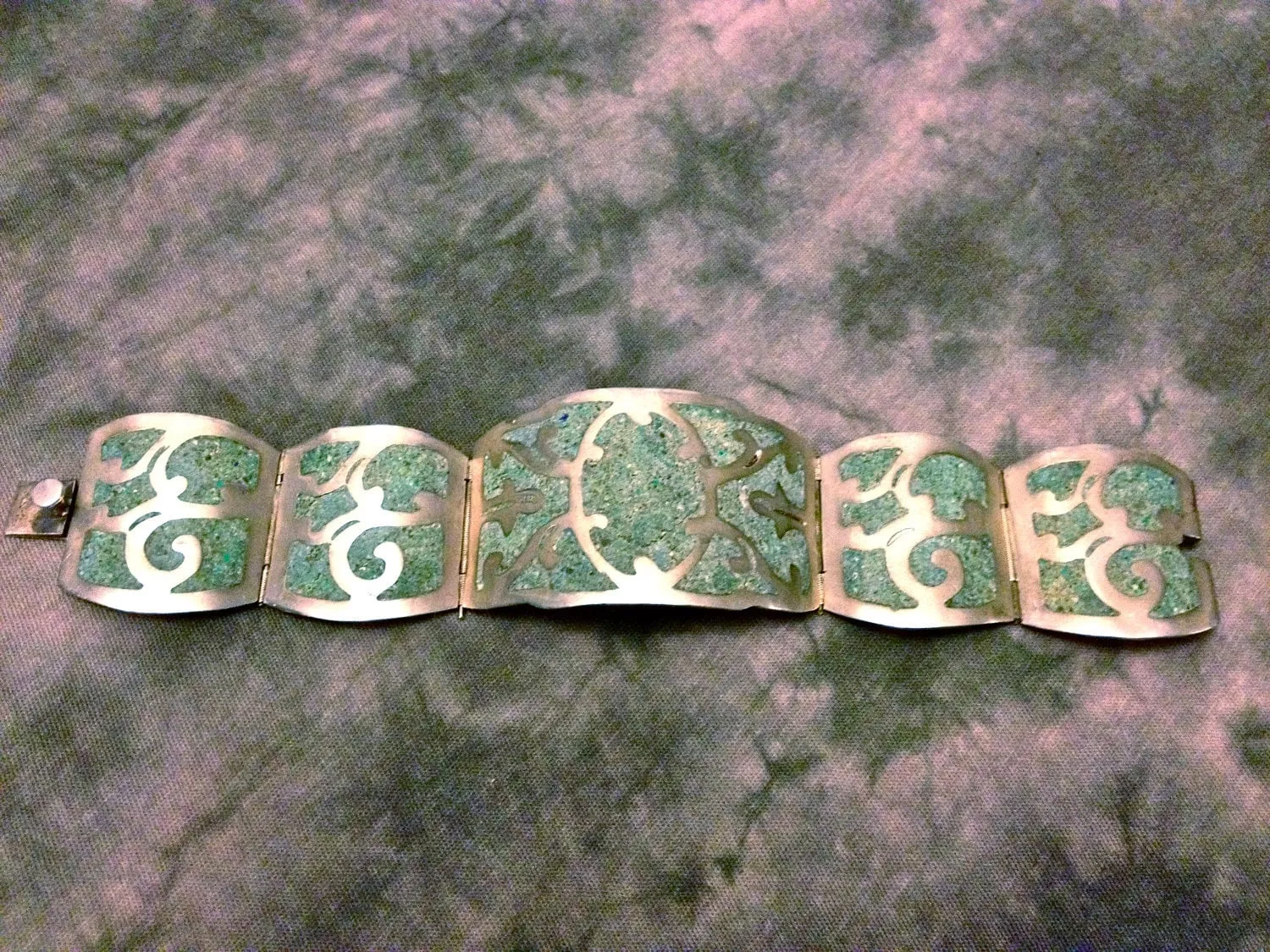 Antique Turquoise Inlay Sterling Silver Mexican Hinged Bangle Panel Bracelet