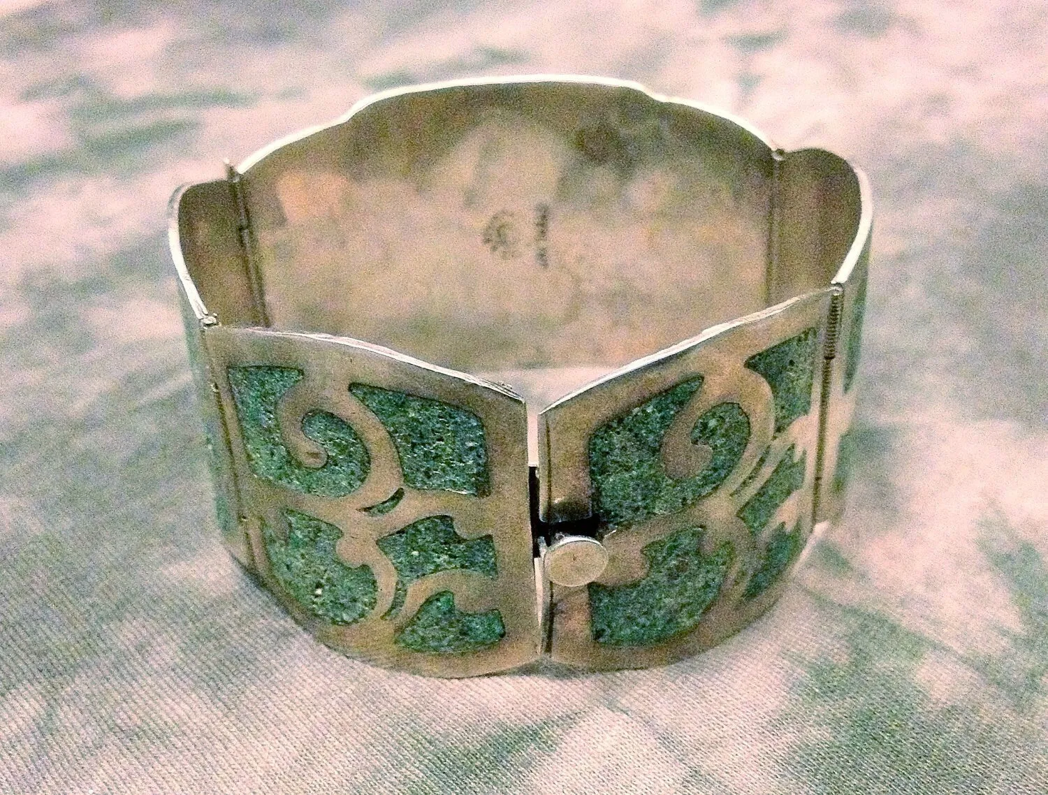 Antique Turquoise Inlay Sterling Silver Mexican Hinged Bangle Panel Bracelet