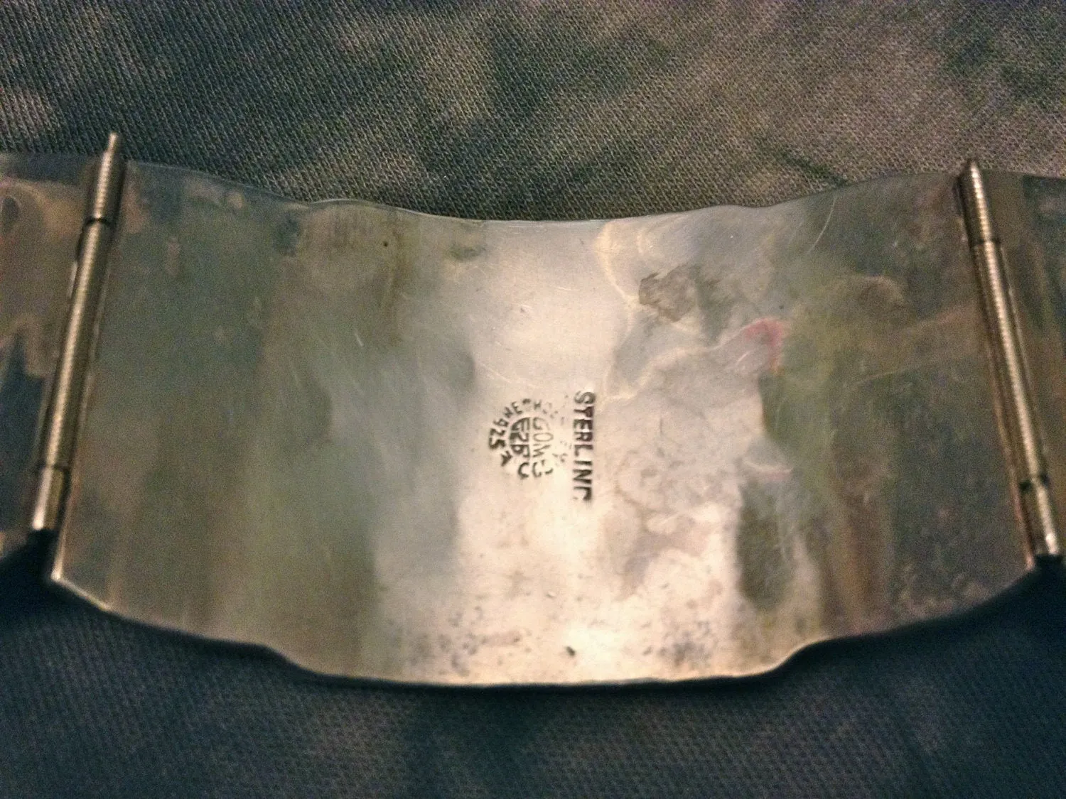 Antique Turquoise Inlay Sterling Silver Mexican Hinged Bangle Panel Bracelet