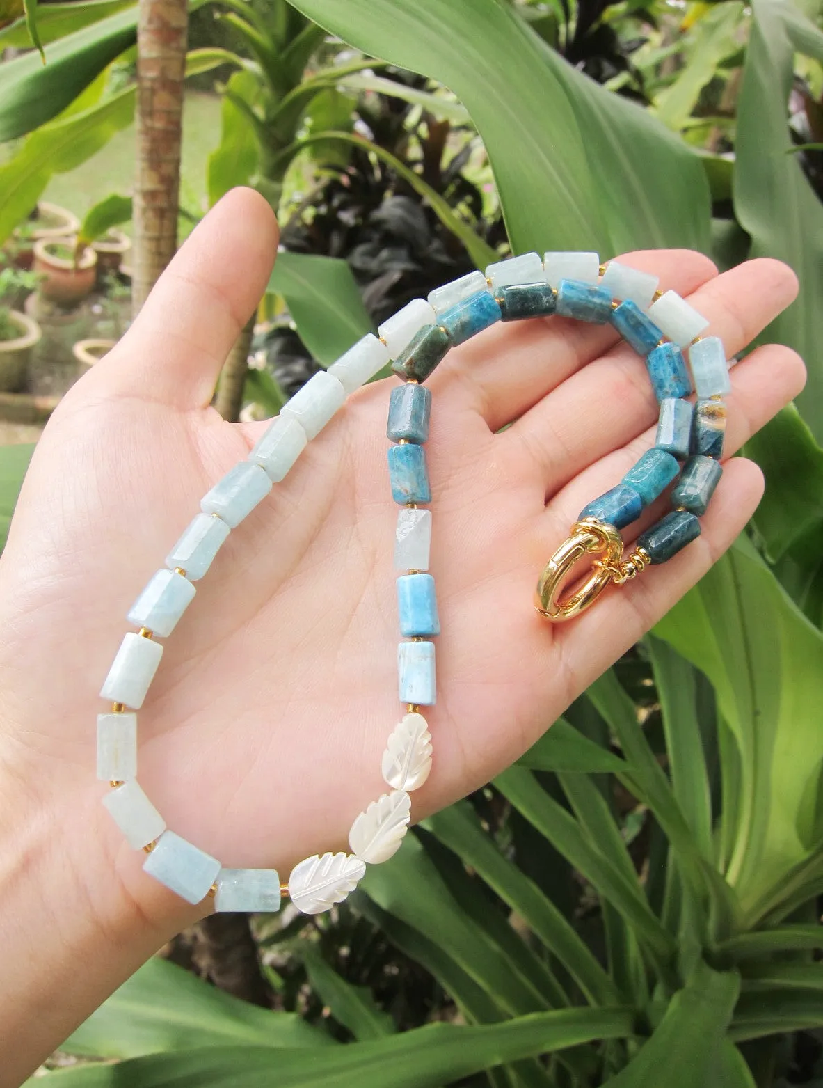 Aquamarine, Apatite and Mother Of Pearl Necklace in 18K findings