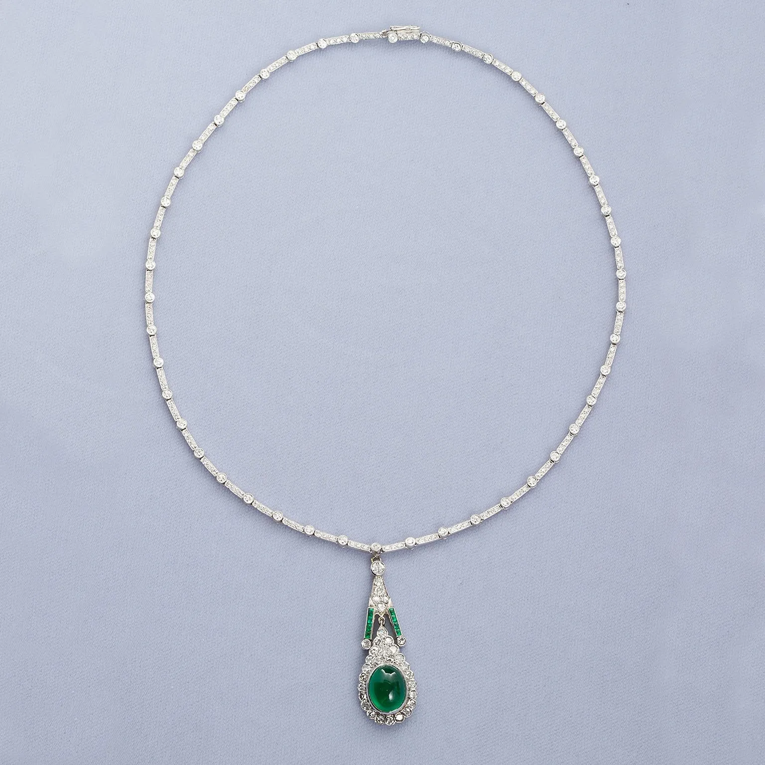 Art Deco Cabochon Emerald Diamond Pendant Necklace