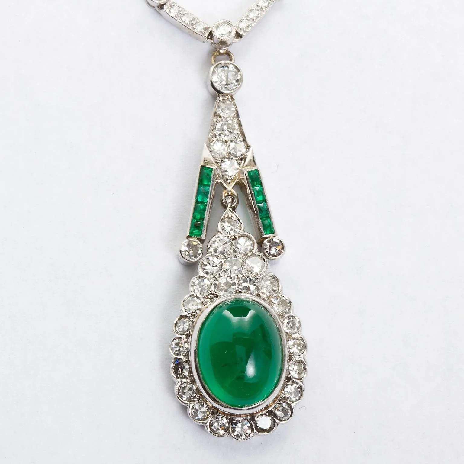 Art Deco Cabochon Emerald Diamond Pendant Necklace