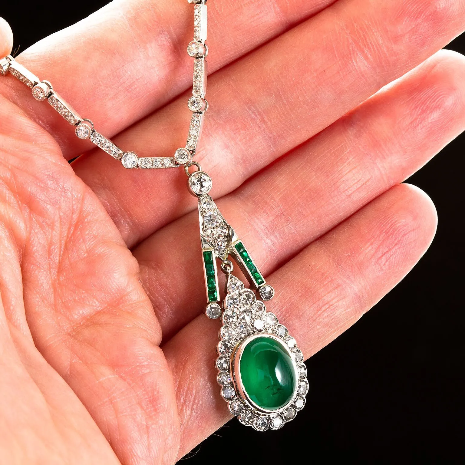 Art Deco Cabochon Emerald Diamond Pendant Necklace