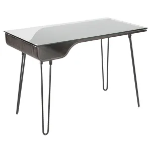 Avery Mid-Century Modern Desk in Dark Grey Wood, Clear Glass, and Black Metal by LumiSource