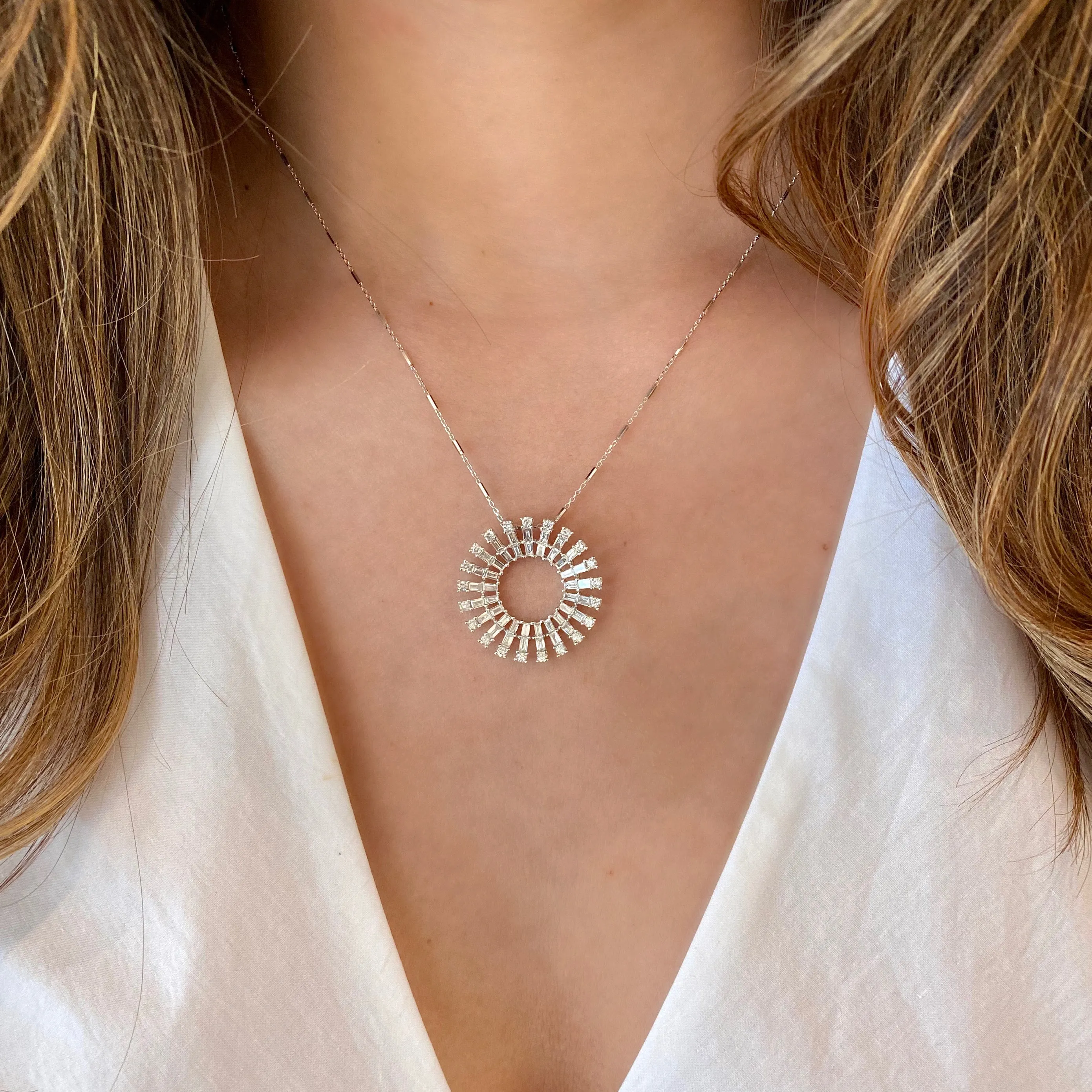 Baguette Diamond Sunburst Pendant Necklace