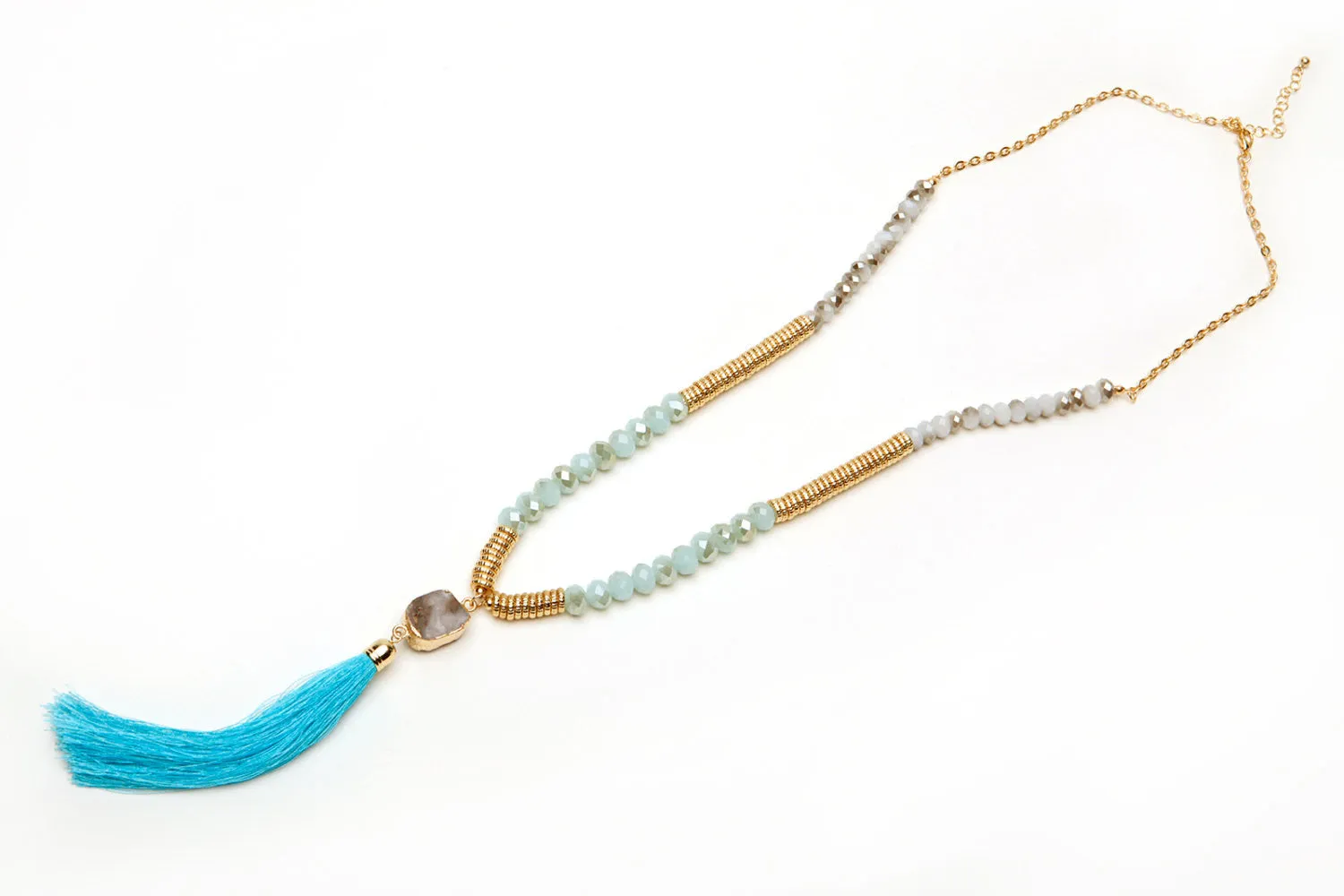 Beaded Druzy Tassel Necklace, Gold Aqua Blue Raw Quart Druzy Tassel Beaded Necklace, Y necklace, Druzy Necklace