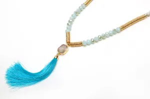 Beaded Druzy Tassel Necklace, Gold Aqua Blue Raw Quart Druzy Tassel Beaded Necklace, Y necklace, Druzy Necklace