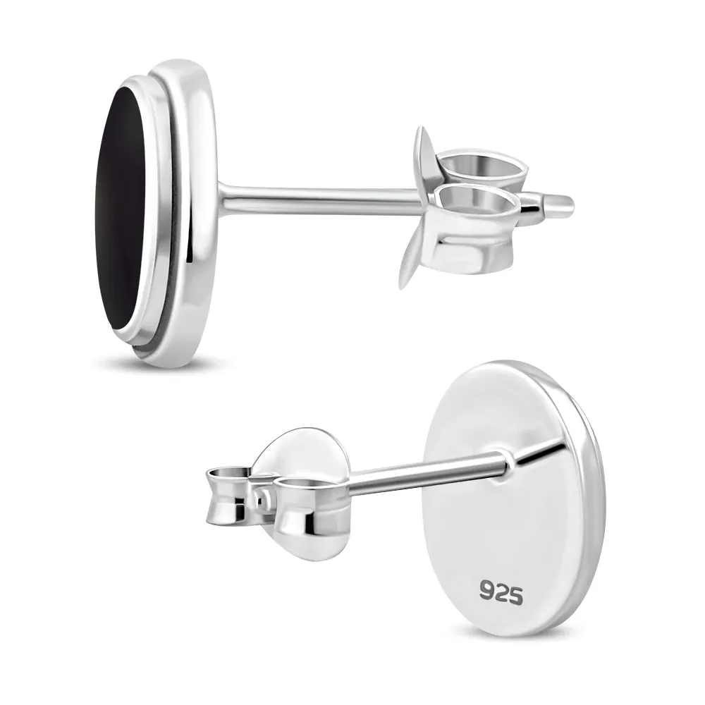 Black Onyx Oval Stud Silver Earrings