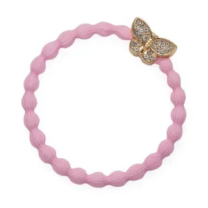 Bling Gold Butterfly On Soft Pink Elastic Bangle Band