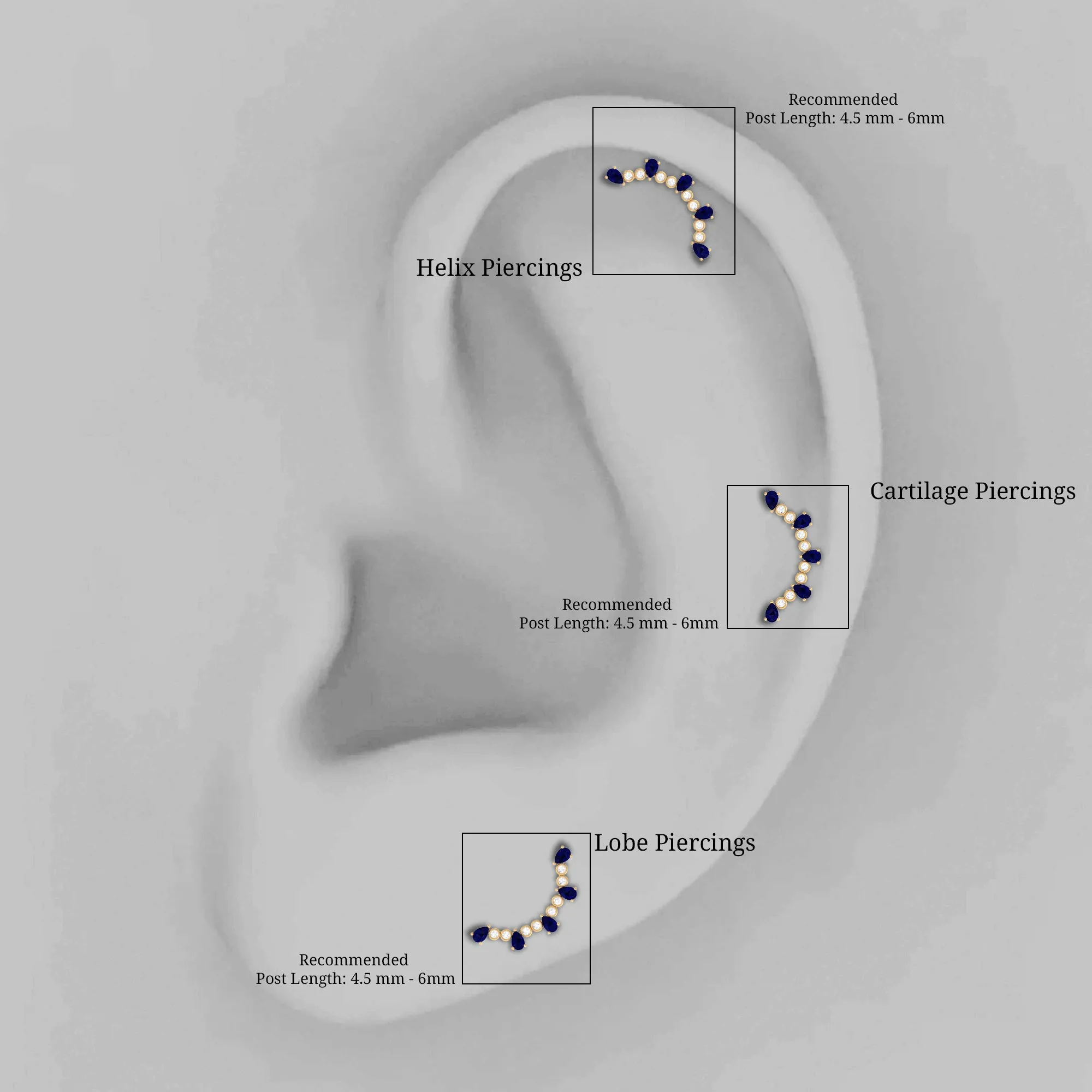 Blue Sapphire and Moissanite Curved Crawler Earring