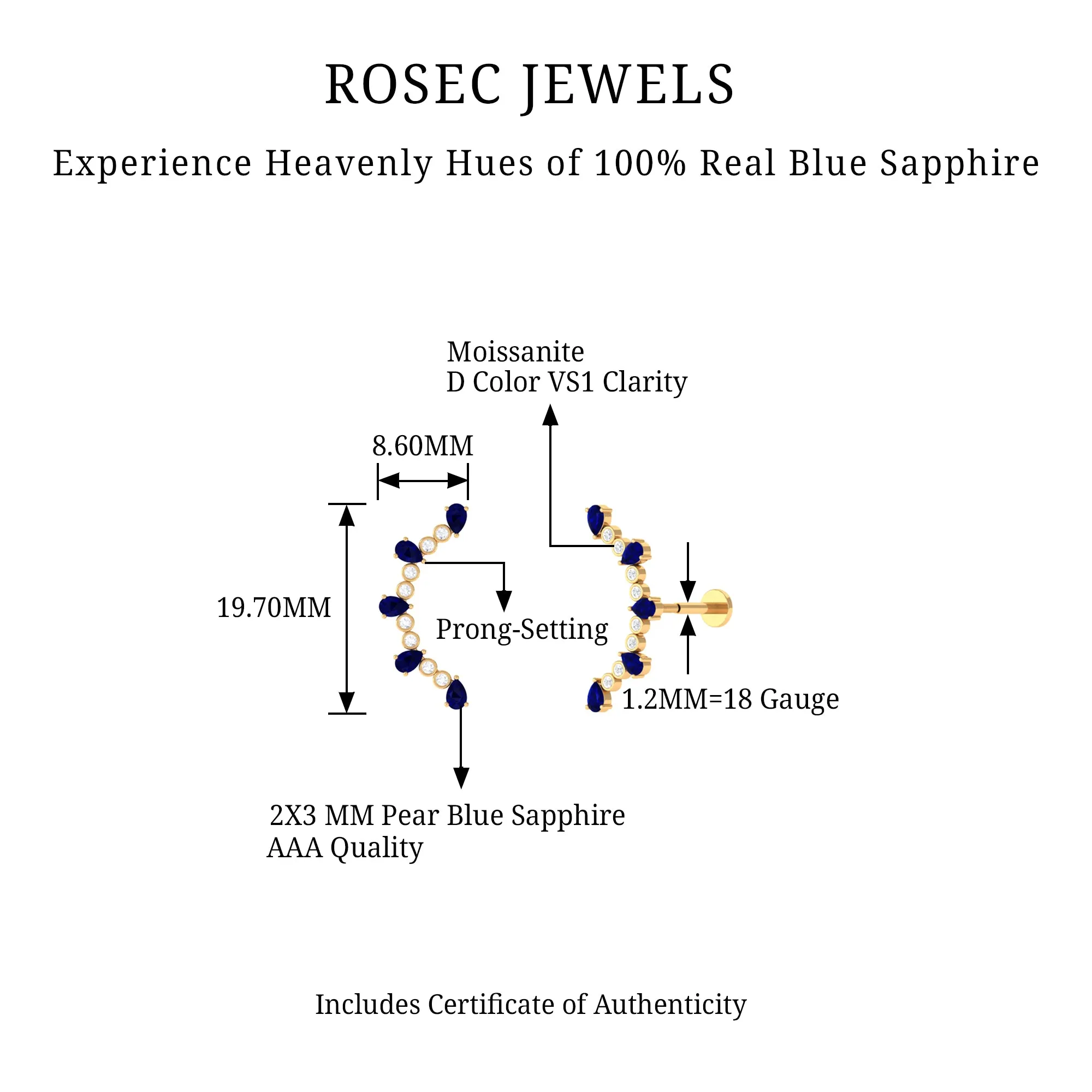 Blue Sapphire and Moissanite Curved Crawler Earring