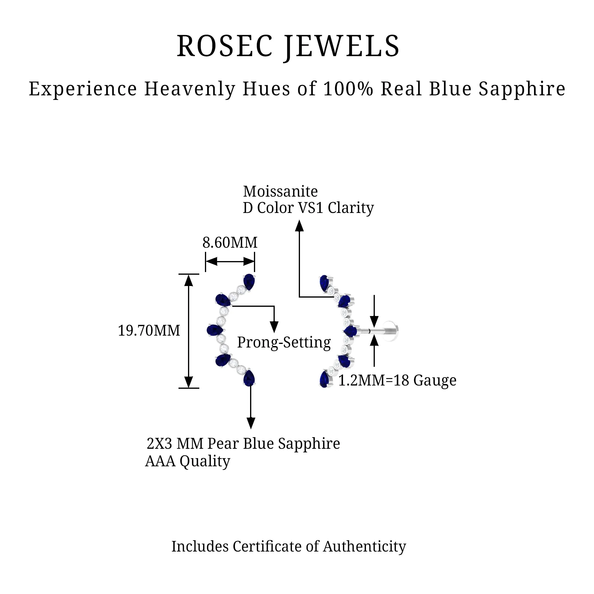 Blue Sapphire and Moissanite Curved Crawler Earring