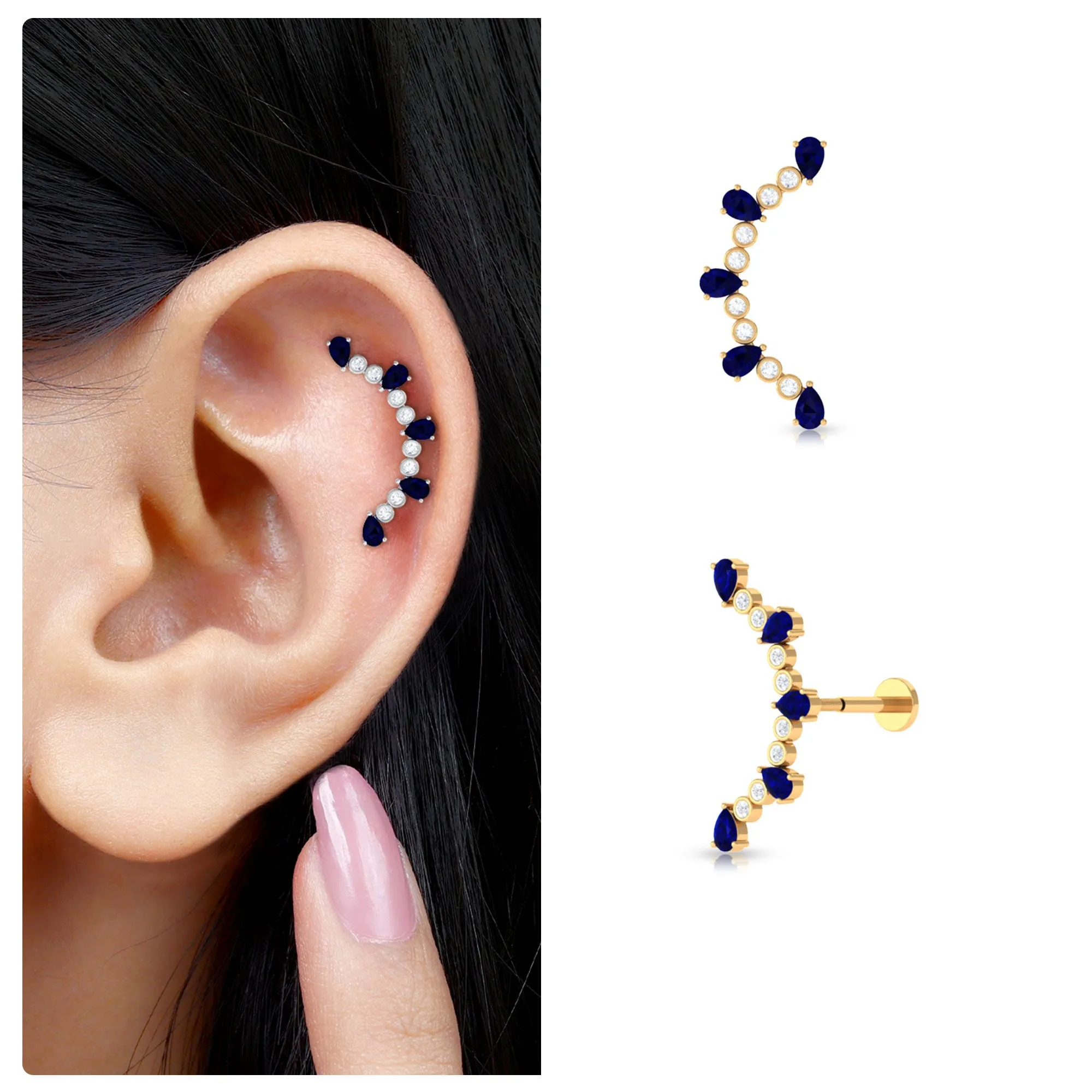 Blue Sapphire and Moissanite Curved Crawler Earring