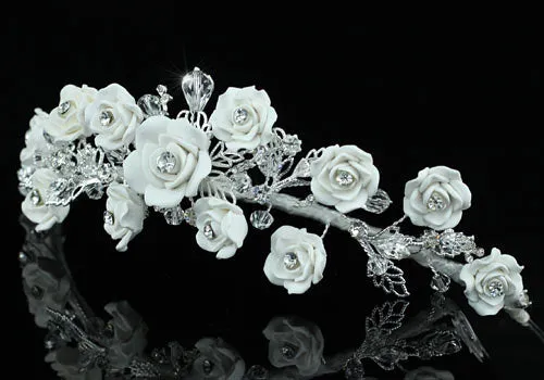 Bridal Wedding Handmade White Rose Ceramic Clay Crystal Tiara XT1396