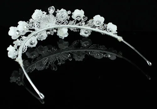 Bridal Wedding Handmade White Rose Ceramic Clay Crystal Tiara XT1396