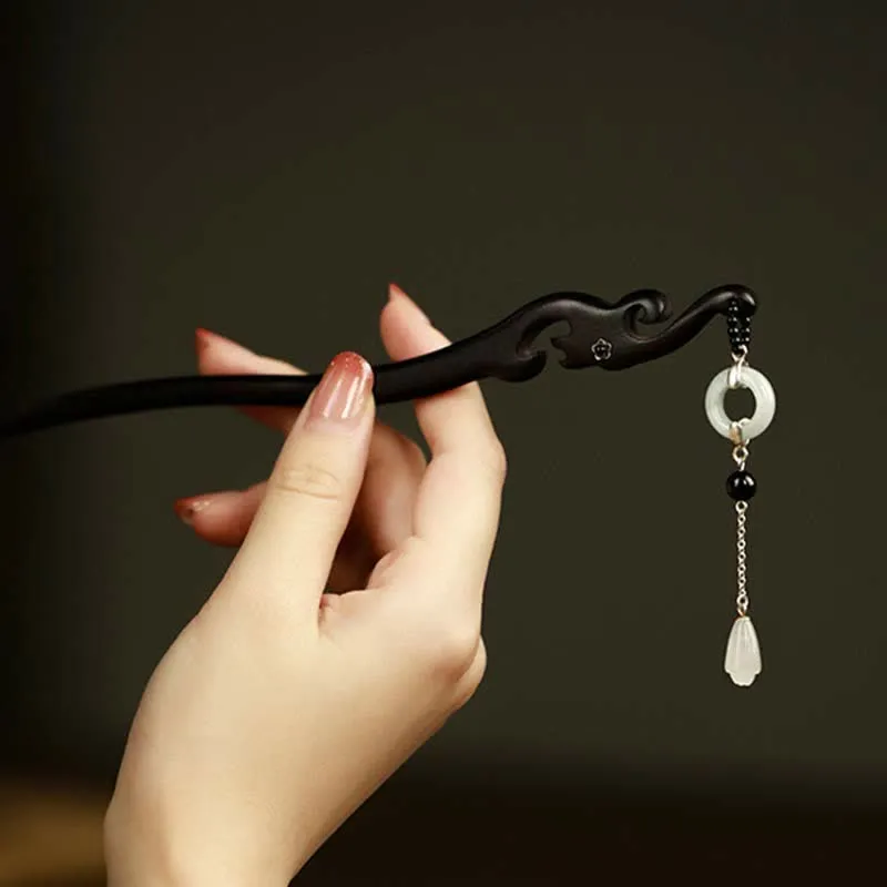 Buddha Stones 925 Sterling Silver Hetian White Jade Ebony Wood Protection Hairpin