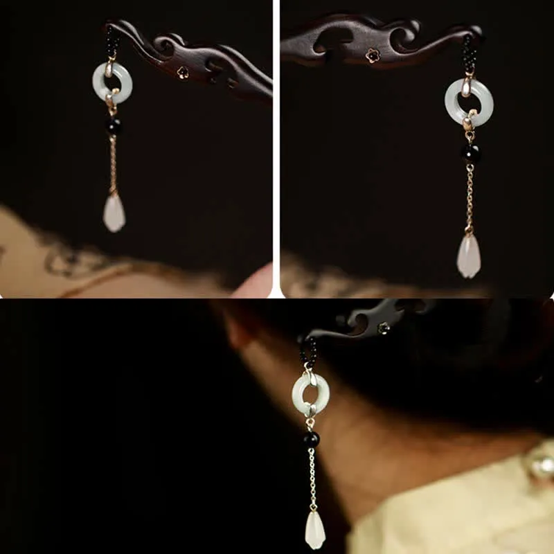 Buddha Stones 925 Sterling Silver Hetian White Jade Ebony Wood Protection Hairpin