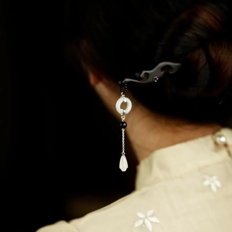 Buddha Stones 925 Sterling Silver Hetian White Jade Ebony Wood Protection Hairpin