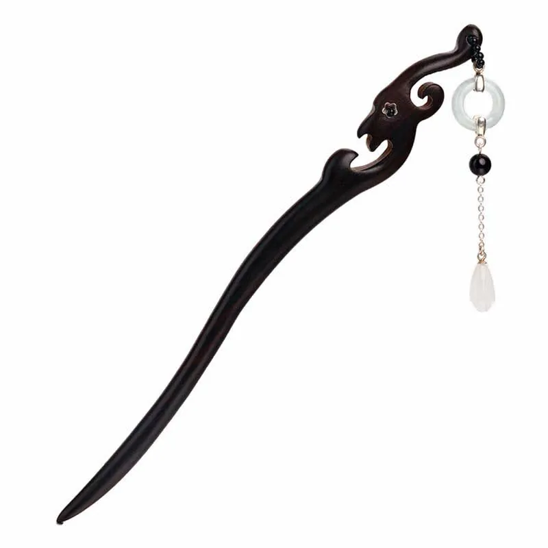 Buddha Stones 925 Sterling Silver Hetian White Jade Ebony Wood Protection Hairpin