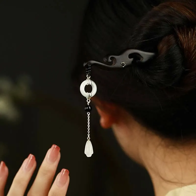 Buddha Stones 925 Sterling Silver Hetian White Jade Ebony Wood Protection Hairpin