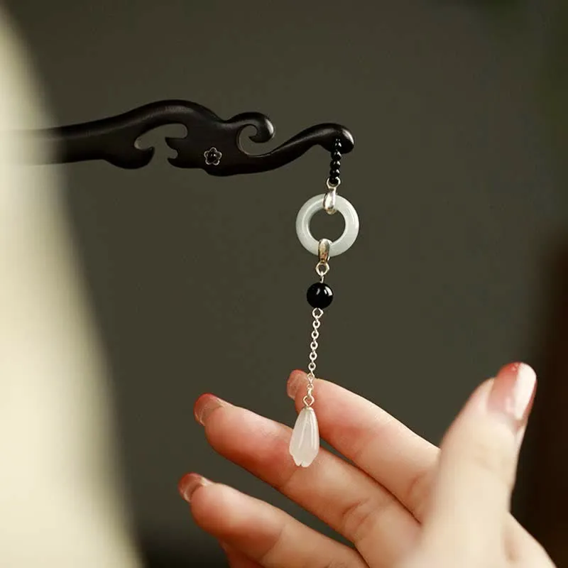 Buddha Stones 925 Sterling Silver Hetian White Jade Ebony Wood Protection Hairpin