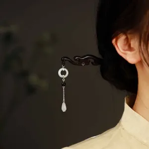Buddha Stones 925 Sterling Silver Hetian White Jade Ebony Wood Protection Hairpin