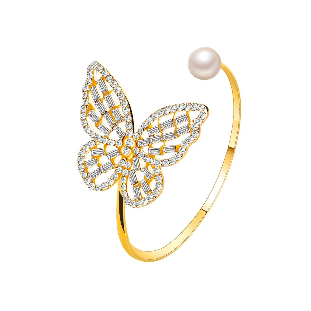 Butterfly Exaggerated Pearl Crystal Opening Adjustable Bracelet