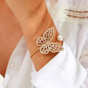 Butterfly Exaggerated Pearl Crystal Opening Adjustable Bracelet