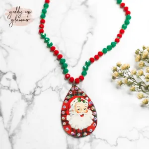 Classic Santa Crystal Beaded Necklace in Red Plaid