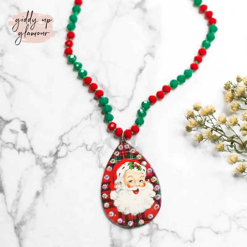 Classic Santa Crystal Beaded Necklace in Red Plaid